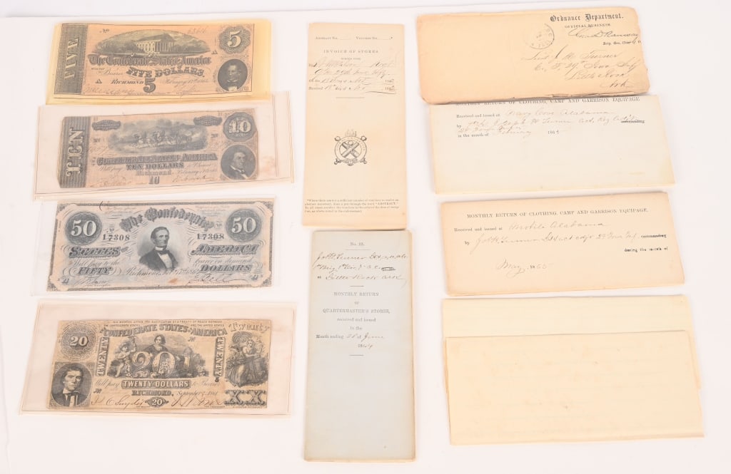 CIVIL WAR CONFEDERATE NOTE & 29TH IOWA PAPER LOT (1 of 10)