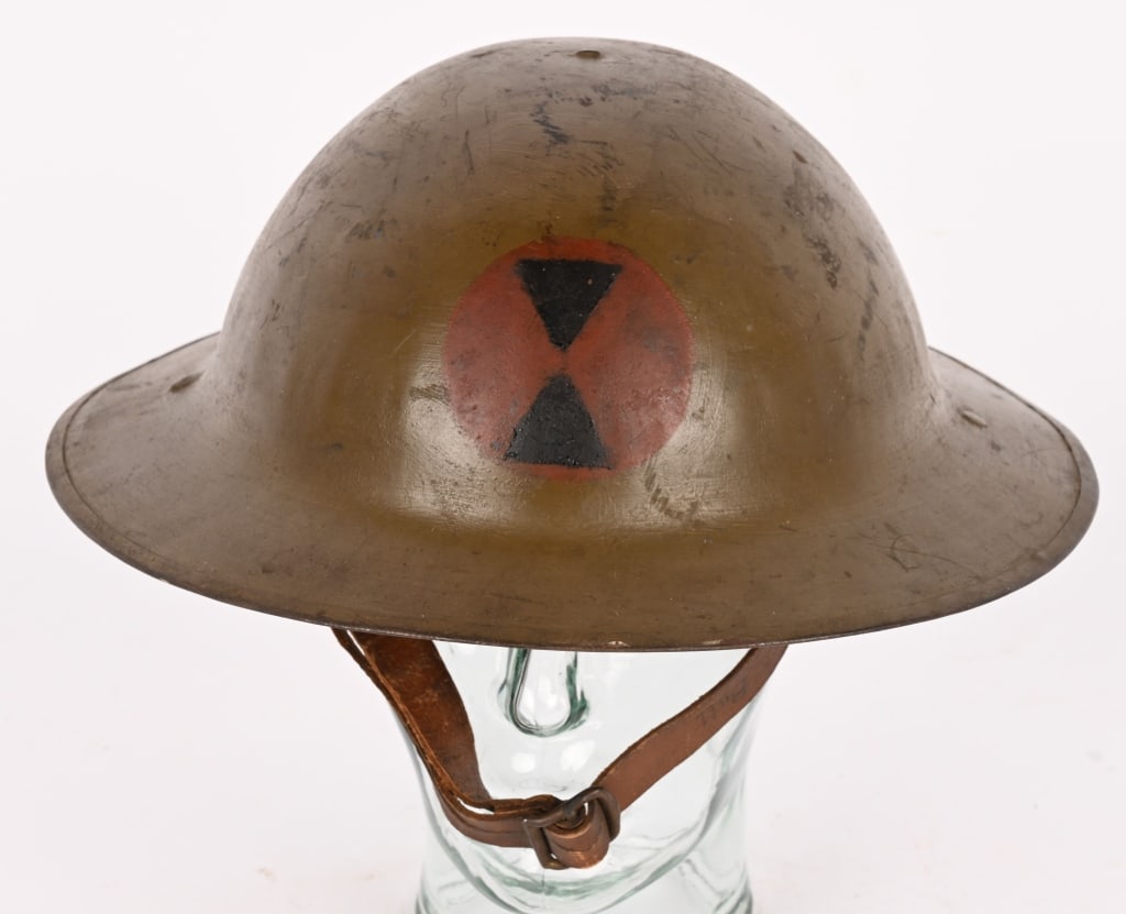 WW1 US 7th DIVISION PAINTED HELMET NAMED W LINER: WW1 period painted British made helmet of the 7th Infantry Division with liner and chinstrap. Helmet is in excellent condition having the unit insignia painted to both front and back with the veterans