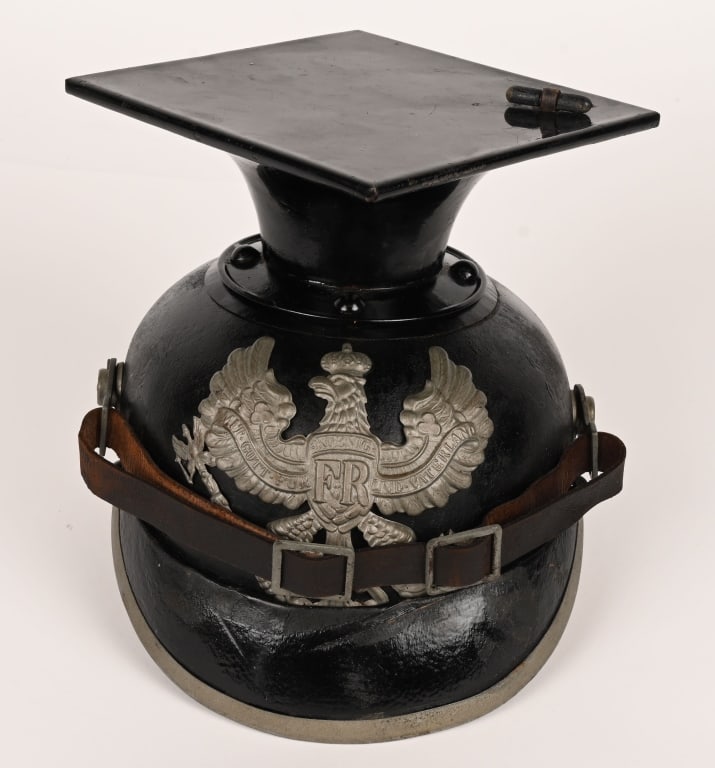 WWI M1915 IMPERIAL GERMAN EM UHLAN TSCHAPKA WW1: Prussian Line Prussian Uhlan Enlisted Man Tschapka Model 1915. Black lacquered leather body, round front visor, enameled black metal mortar board and field gray trim. Helmet has excellent form and fir