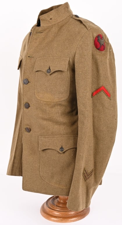 WW1 US AMBULANCE SERVICE TUNIC W BULLION PATCH WWI: A beautiful WWI US Army Ambulance Service Tunic that is roughly a size 38 with a stunning bullion Ambulance Service Shoulder Patch being in the form of a red felt disk with a bullion Rooster indicatin