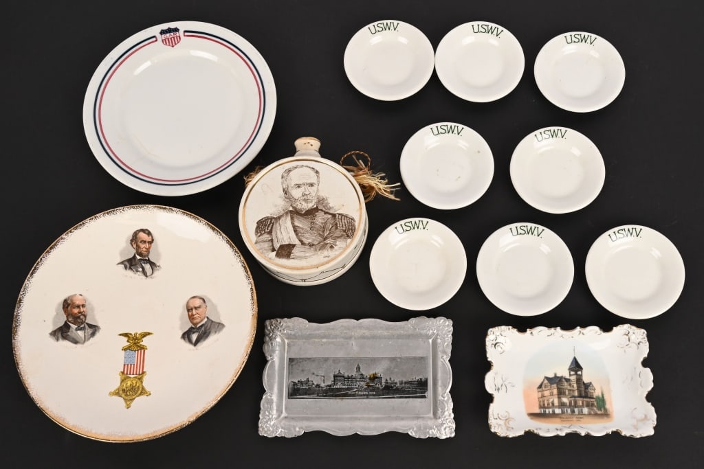 CIVIL WAR GAR & U.S.W.V. LOT PLATES & CANTEEN: Attractive Civil War GAR lot to include 1) Patriotic plate measuring 8 inches with gold trim showing President Lincoln, President Garfield and President McKinley with a GAR Badge. Plate was produced b