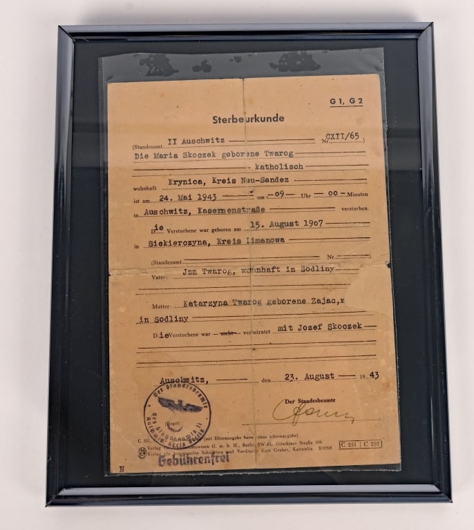 WWII NAZI DEATH CERTIFICATE FOR AUSCHWITZ INMATE (1 of 4)