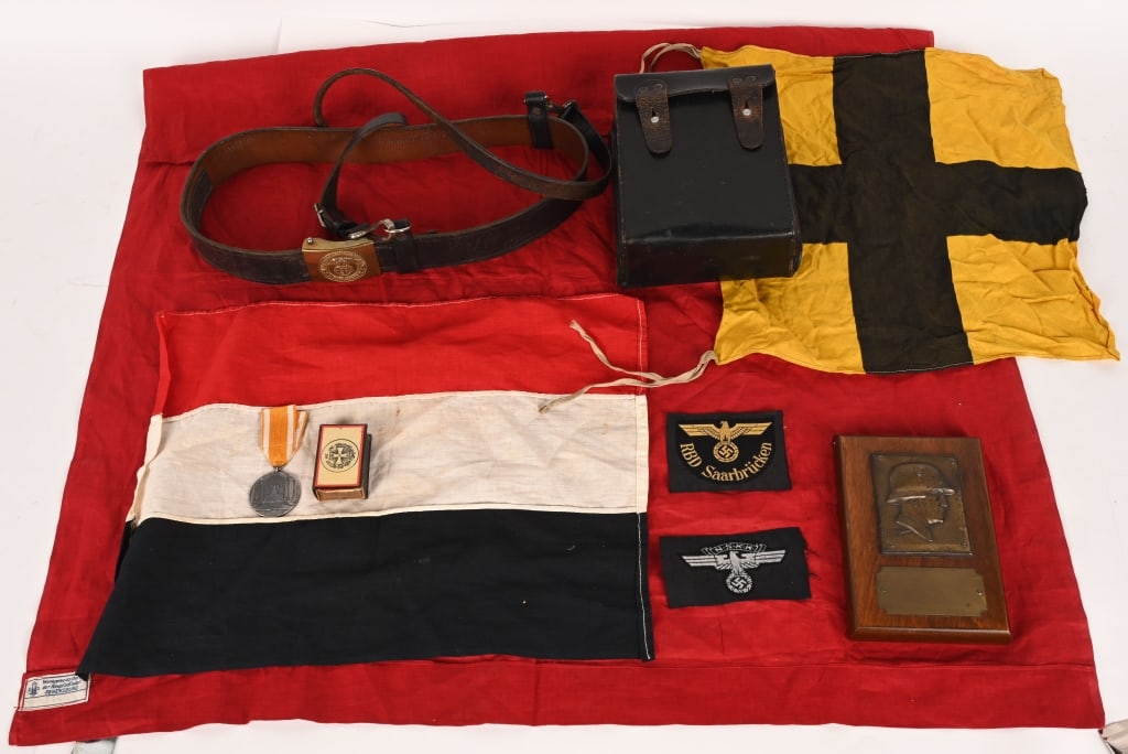WWII NAZI GERMAN LOT MEDALS PLAQUE HJ POUCH WW2: Lot of Nazi German items to include 1) Reichsjugendwettkämpfe 1936 Sports medal of 2nd place prize for Weightlifting 2) NSKK Second Pattern Cap Eagle. A machine woven, second pattern (1939-45) NSKK e