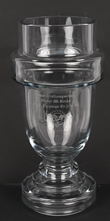 WWII NAZI GERMAN LUFTWAFFE CIVILIAN TECH TROPHY: Large etched glass trophy measuring 16 inches tall with the inscription Generalluftzeugmeister Oberst W. Berger Flgz. Bergungs-Tr.2/II/(9) General Air Ordnance Officer Colonel W. Berger Flgz. Salvage 