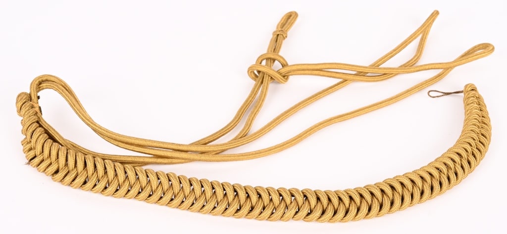 WWII NAZI GERMAN GENERAL'S AIGUILLETTE WW2: (Achselschnur für Generale). An extremely well-preserved General’s dress uniform aiguillette, constructed of multiple rows of twisted and rolled gold bullion wire, with one end braided in a
