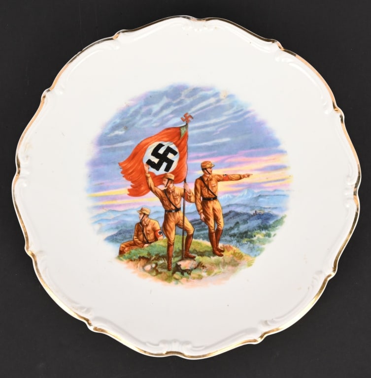 WWII NAZI GERMAN SA PORCELAIN PLATE WW2: A beautiful Porcelain SA Sturmabteilung Plate measuring 9 1/2 inches in diameter showing an SA Unit with a Standarte on top of a hill. Maker marked to the reverse C. T. Tielson-Altwasser Germany 3. Ha