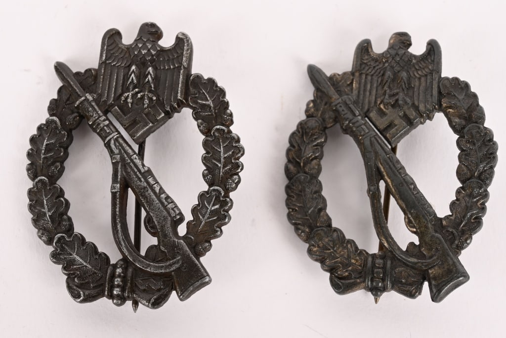 WWII NAZI GERMAN INFANTRY ASSAULT BADGE IN BRONZE: Lot of Infantry Assault badges to include 1) INFANTRY ASSAULT BADGE BY W.H. This Bronze Infantry Assault Badge has nice original finish and charming character. It’s made of fine zinc. On the fro