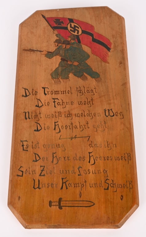 WWII NAZI GERMAN ARMY WOOD CARVED PLAQIE WW2: Large Wooden Plaque measuring 18 1/2 X 9 inches depicting three soldiers with a Kriegs Flag with the carved inscription "Die Trommel Schlägt Die Fahne weht Nicht weiss ich welchen Weg Die Heectah