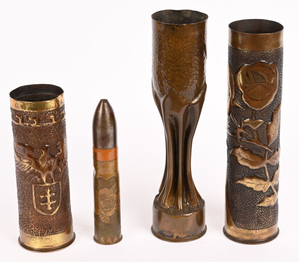 WWI TRENCH ART SHELL LOT 79TH DIVISION WW1: Trench Art Shell lot from shells to include 1) 75MM SHELL OF THE 79TH DIVISION. A shell to the obverse has a Eagle clutching the insignia of the 79th Division AEF IN FRANCE 1917 1918 79TH DIV. 2)