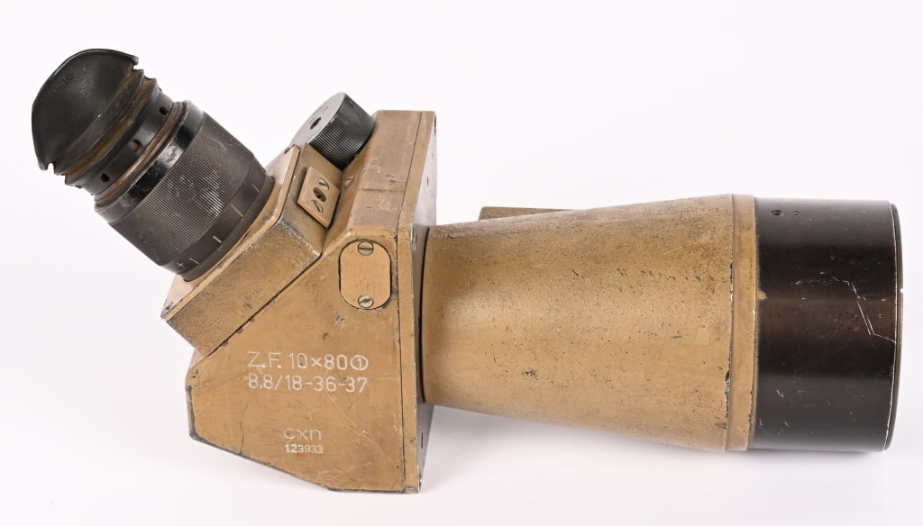 WWII NAZI GERMAN 88MM GUN SIGHT / SCOPE BY CXN WW2: WWII Nazi German 88 Artillery Sight or Scope well marked to the side Z.F. 10X80 1 8,8/18-36-37 CXN 123933. Has crystal clear optics and retains most of the original ordnance tan paint. Optics still re
