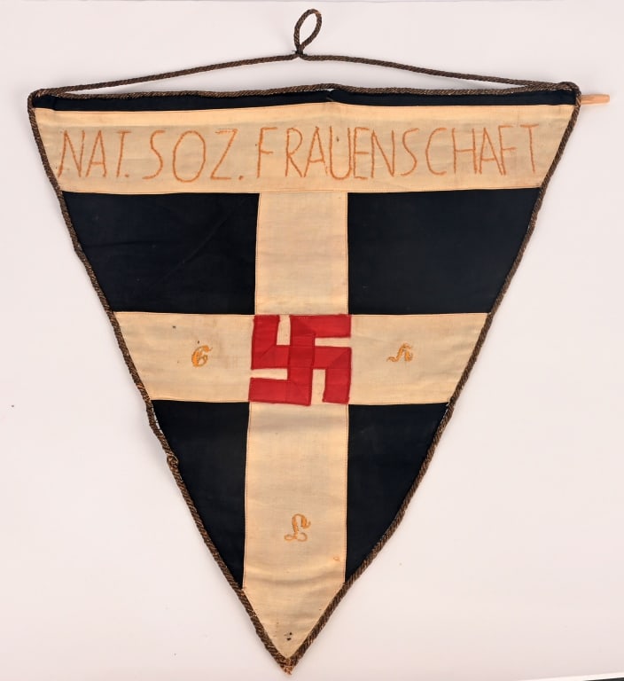 WWII NAZI GERMAN NAT SOZ FRAUENSCHAFT BANNER WW2: Very attractive banner for the N.S. Frauenschaft. Two sided. 15 x 15 1/2 inches. Multi-piece, cloth and machine embroidered construction. Shows the expected period use and wear but overall excellent c