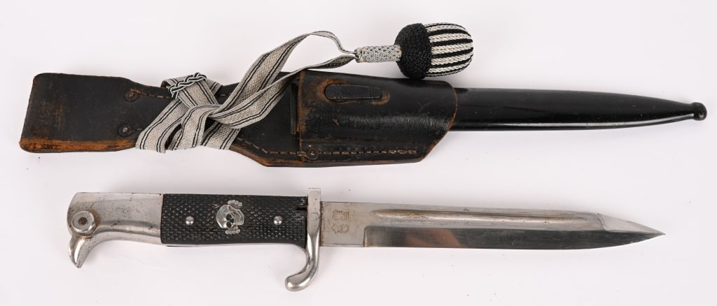 WWII NAZI GERMAN TOTENKOPF SHORT DRESS BAYONET WW2: The bayonet has a roughly, 7 7/8", (20cm), long, nickel/silver plated, drop forged, steel construction blade with a wide fuller to each side and a full length, including the hilt of roughly, 12 3/4", 