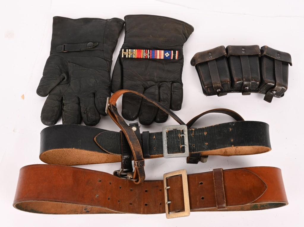 WWII NAZI GERMAN GENERALS BELT GLOVES RIBBON BAR: Lot of WWII Nazi German items to include 1) WWII NAZI GENERAL'S BELT & OPEN CLAW BELT BUCKLE. WWII Nazi German General Officers Belt. Belt is 45mm wide by 125cm in length with seven pairs of buckling 