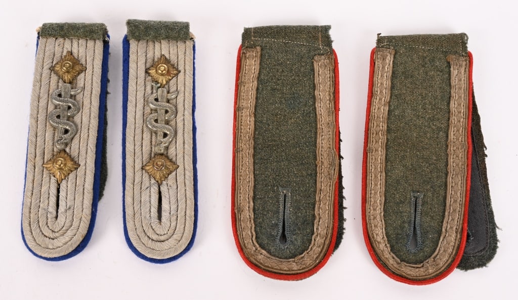 WWII NAZI GERMAN SHOULDER BOARD ARTILLERY MEDICAL: WWII Nazi German Insignia lot to include 1) ARTILLERY UNTEROFFIZIER'S SHOULDER STRAPS. Later, second pattern, (Circa May 1940-May 1945), field-grey wool construction, slip on shoulder straps with diam