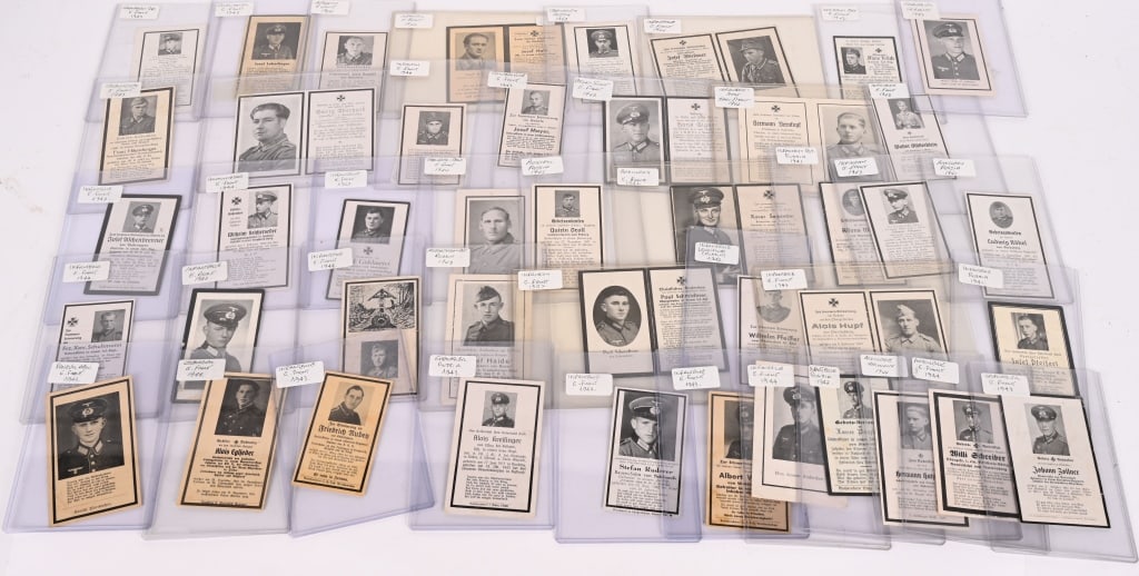 WWII NAZI GERMAN ARMT DEATH CARD LOT EASTRN FRONT: WWII Nazi German Wehrmacht Death Cards, all died in the Eastern Front. 43 in total and all are in excellent condition and all are with photo. Excellent. A common practice in Europe that continues to t