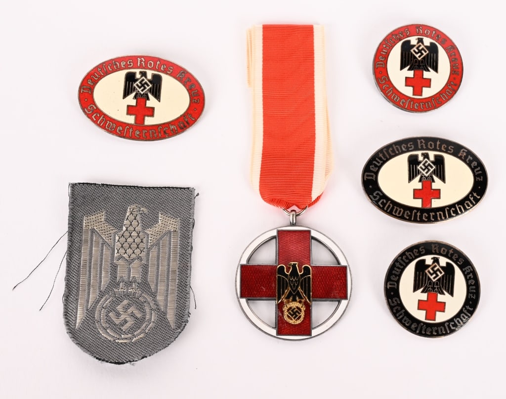WWII NAZI GERMAN DRK SISTERHOOD BROOCH LOT WW2: Lot of WWII Nazi German Red Cross insignia lot to include 1) DRK SISTERHOOD ACTIVE SERVICE BROOCH. Roughly 31mm tall, 44mm, horizontally oval, nicely convexed, die struck brooch with fine enamels. The