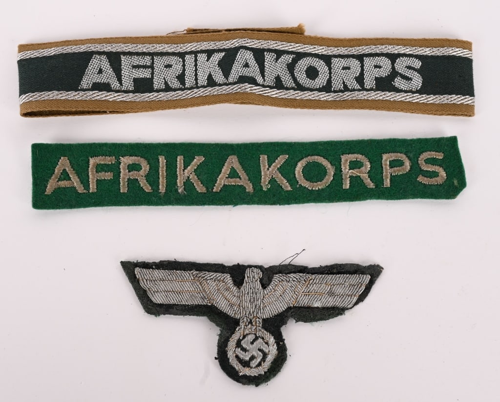 WWII NAZI GERMAN INSIGNIA AFRIKAKORPS CUFFTITLE: Lot of two WWII Nazi German items to include 1) AFRIKAKORPS CUFF TITLE WWII German Army AfricaKorps Cuff Title (Deutsches Afrikakorps Ärmelband) DAK, machine embroidered with silver aluminum wire
