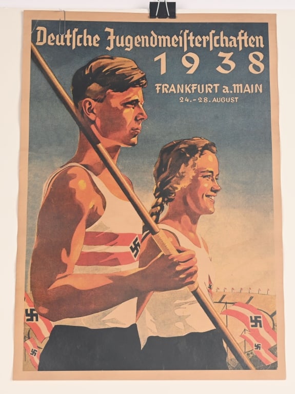 WWII NAZI GERMAN HITLER YOUTH 1938 POSTER WW2: Small Hitler Youth Poster measures 17 1/4 X 12 inches and is titled Deutsche Jugendmeisterschaften 1938 Frankfurt a.Main 24.-28. August. Excellent. The Nazi Party (NSDAP) directed propaganda at c