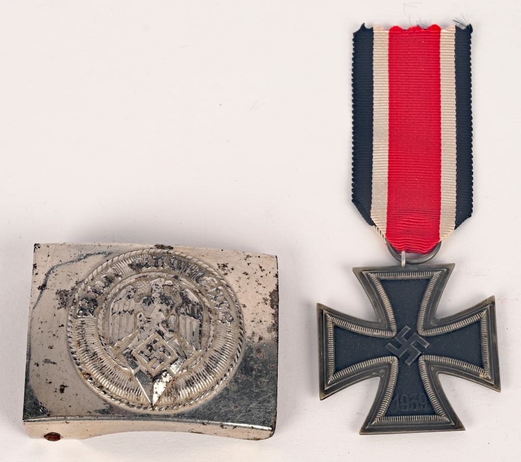 WWII NAZI GERMAN IRON CROSS HJ BELT BUCKLE LOT: Lot of WWII Nazi items to include 1) WWII NAZI GERMAN IRON CROSS 2ND CLASS WW2. 1939 pattern, die struck, three piece, iron and alloy construction Pattée style cross with a single piece iron core