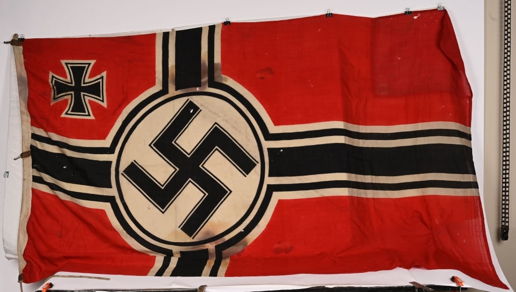 WWII NAZI GERMAN KRIEGSMARINE BATTLE FLAG 1.5X2.5: Second pattern (Circa 1937/38-1945) single piece dual sided printed wool/linen construction national war flag. The flag features a red base field with a central white/black/white/black bordered white 
