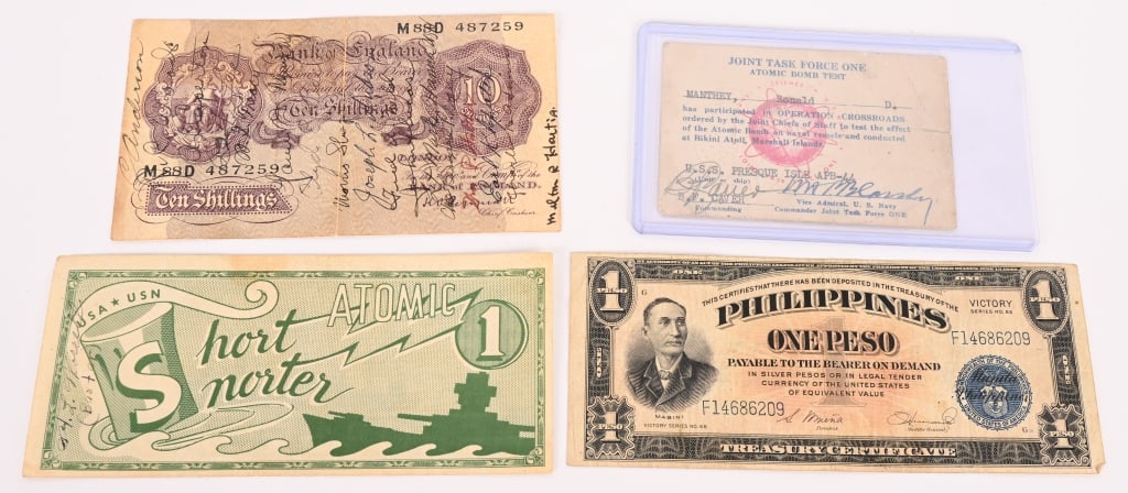 WWII OPERATION CROSSROADS ID CARD & SHORT SNORTER: Named grouping to an Operation Crossroads Member to include 1) Joint Task Force One Atomic Bomb Test Card named to Ronald D. Manthey and states "Ronald D. Manthey has participated in Operation Crossro