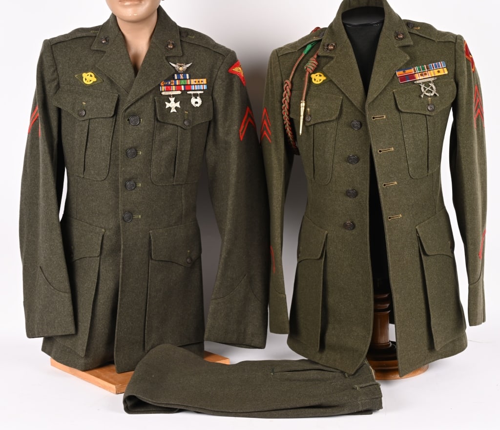WWII USMC MARINE UNIFORM LOT 1ST AIR WING 3RD DIV: Lot of WWII USMC Uniforms to include 1) 4TH MARINE DIVISION NAMED UNIFORM. Four Pocket Service Uniforms dated 1942 and its size marked 2M is named to J.P. Glynn. The tunic is patched with Corpor