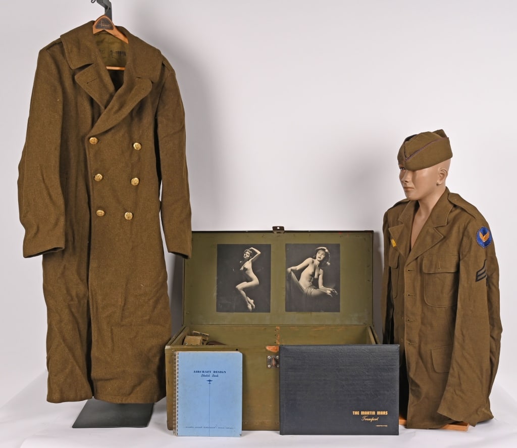 WWII US ARMY AIR CORPS TRUNK GROUP W PIN UPS WW2: WWII US Army Air Corps Trunk Grouping to include 1) Four Pocket Service Jacket named to the interior Jusius with Corporal Chevrons and a Army Air Corps Shoulder Sleeve Patch and a Mechanic Specialty P