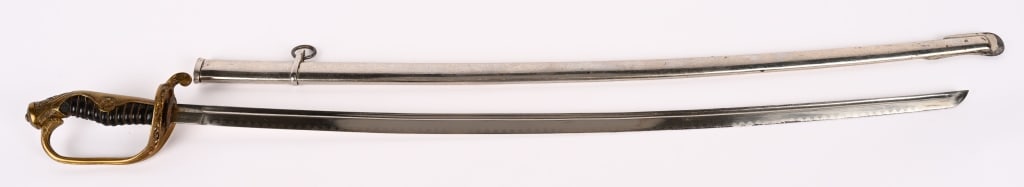 WWII JAPANESE ARMY OFFICERS SWORD W/ SCABBARD WW2: WWII Japanese Officer dress sword that measures 37 overall with a 29" blade. The blade is in overall very good condition. Grips are intact with a few areas of loose wire and the guard is in excellent 