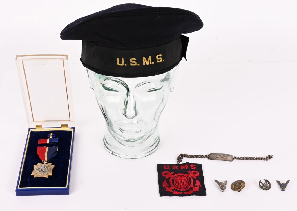 WWII US MERCHANT MARINES MEDAL INSIGNIA GROUP NAMD: WWII US Merchant Marine Mariners Medal Grouping to include 1) American WWII Merchant Marine Mariners Medal Cased - Metal with silver and bronze-colored gilts, 35 mm, original ribbon, missing its