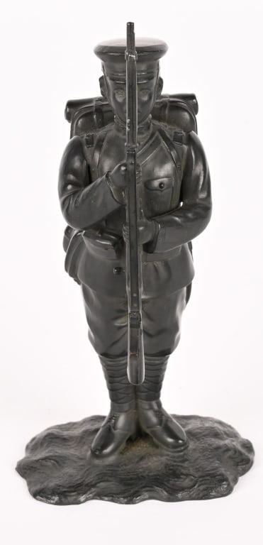 WWII JAPANESE BRONZE OF AN ARMY NCO W RIFLE WW2: The statue has an overall height of approximately 6 3/4 inches tall, signed on the bottom of the base. The statue is nicely detailed, with the Japanese Army star visible on the visor cap with the NCO 