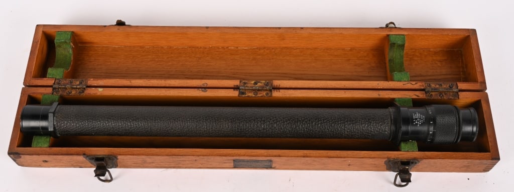 WWII U.S. NAVY OFFICER OF THE DECK MK 11 SPYGLASS: Original era manufacture. US WWII 10 Power Officer of the Deck Spyglass, Mark II, USN BU Ships. Dated 1942 in original wooden case. Clear optics, the tube measures 23 inches in length, the fitted case