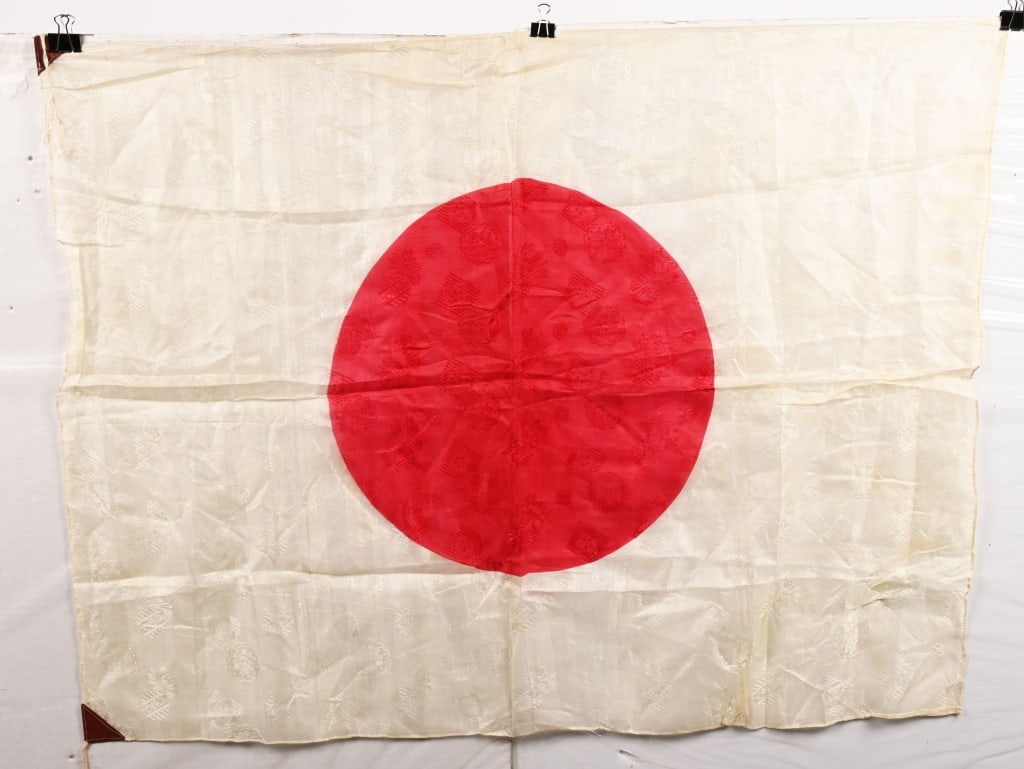 WWII IMPERIAL JAPANESE NATIONAL FLAG W MUMS UNIQUE: The Imperial Japanese National flag measures 31 X 39 inches and has a beautiful embossed Chrysanthemum pattern in the silk. Excellent.