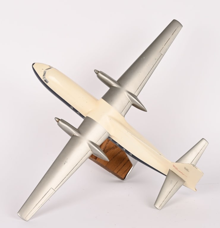 FOKKER F-27 AIRPLANE SHIP MODEL BY VERKUYL: Fokker F-27 Airplane Ships Model by Verkuyl measuring 18 inches long and in excellent condition being made of painted smelter. The Fokker F27 Friendship is a turboprop airliner developed and
