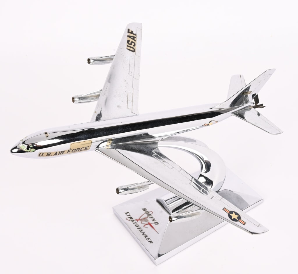 BOEING C-135 AIRPLANE SHIP MODEL BY ALLEN SALES: Boeing C-135 Airplane Ships Model by Allen Sales measuring 11 inches long and in excellent condition being made of chromed smelter. The Boeing C-135 Stratolifter is a transport aircraft developed from