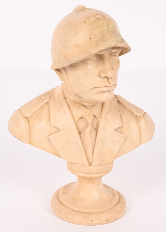 ALABASTER BUST ITALIAN DICTATOR BENITO MUSSOLINI: Alabaster bust of Italian Dictator Benito Mussolini measuring roughly 11 inches and in excellent condition showing Mussolini wearing his Generals Helmet. Benito Amilcare Andrea Mussolini 29 July 