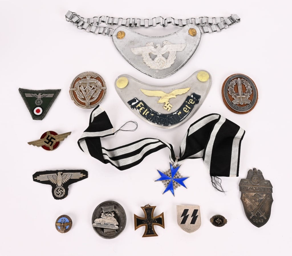 WW1 WWII NAZI GERMAN BADGE & POLICE GORGET LOT: Lot of Repop items to include 1) Police Gorget with Chain 2) Feldgendarmerie Gorget 3) SA Gruppe Hochland Badge 4) SA Gruppe Badge 5) Demjansk Campaign Shield 6) SS Tropical Helmet Shield 7) Pour Le M