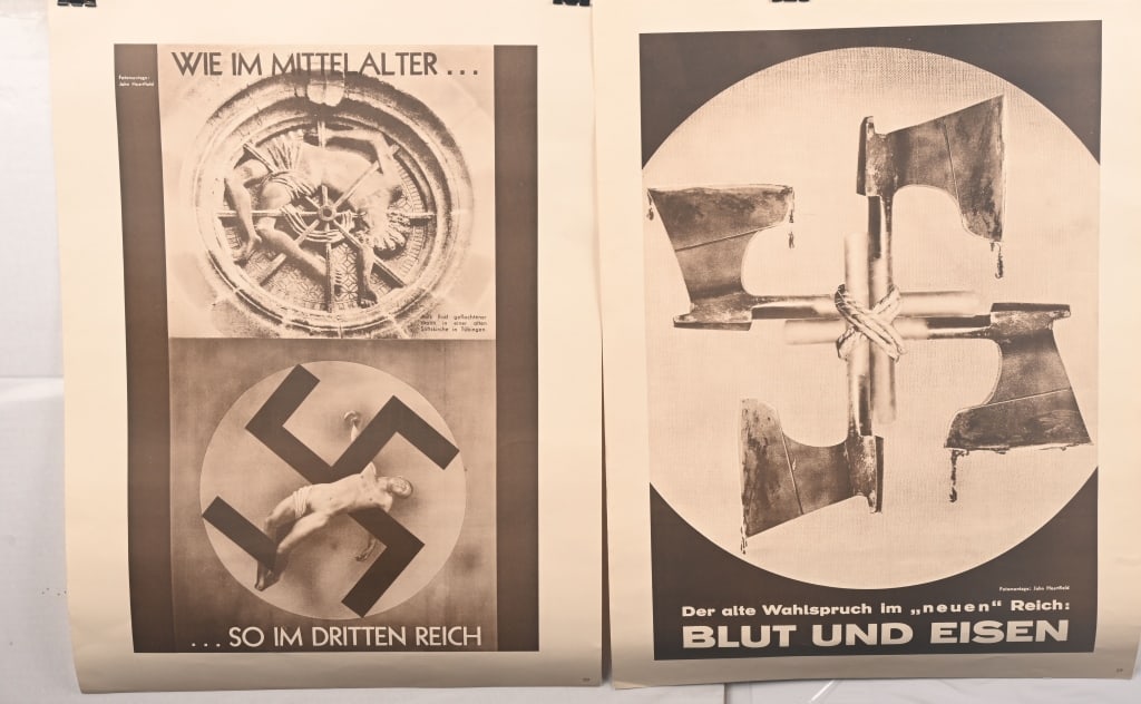 1957 ARTIST POSTER LOT ANTI AXIS BY J. HEARTFIELD: Interesting poster lot both measuring 25 X 19 inches titles to include 1) Blut Und Eisen or Blood and Iron showing a Swastika in the form of four Axe Heads by John Heartfield. Excellent. 2) Wie Im Mit