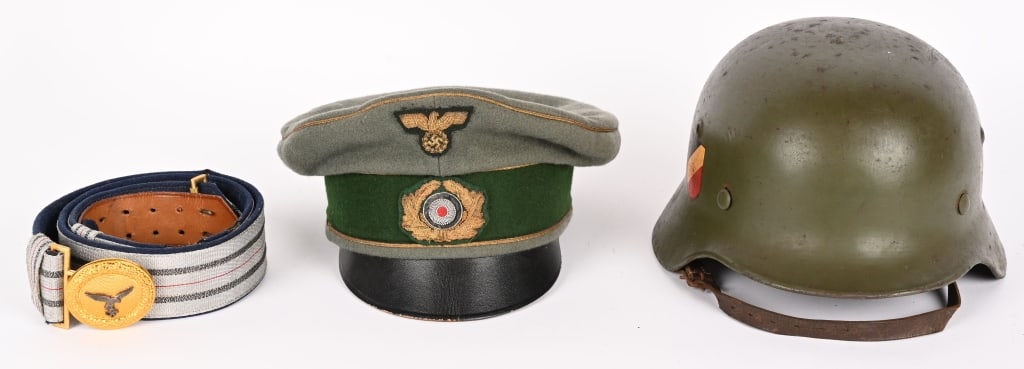 WWII NAZI GERMAN M35 HELMET GENERALS VISOR HAT: Lot of Repo items to include 1) Apple Green M35 Double Decal Helmet with liner and chinstrap. Shell is marked ET64 and is lot numbered 26211. 2) Wehrmacht Generals Officers Visor Hat with bullion Insi