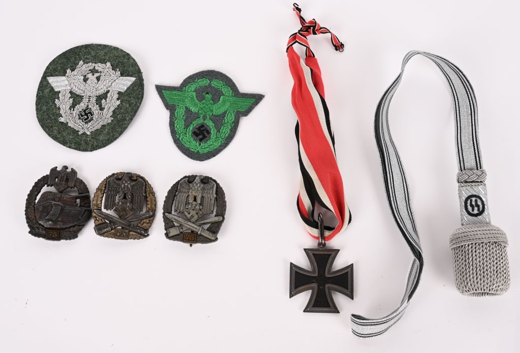 WWII NAZI GERMAN MEDAL & INSIGNIA KNIGHTS CROSS: Lot of WWII Nazi German Repop badges and insignia to include 1) 75 General Assault Badge marked JFS to the reverse 2) 75 General Assault Badge marked JFS to the reverse 3) Knights Cross of the Iron Cr