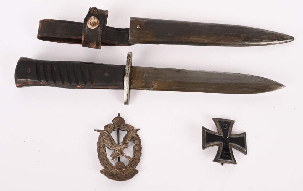 WW1 IMPERIAL GERMAN FIGHTING KNIFE & IRON CROSS: Lot of WW1 Repo German items to include 1) WWI Trench Knife with Scabbard. Blade is marked SMF 2) WWI First Class Iron Cross that is marked to the reverse 925 3) Austro Hungarian STURM BAON 13 B