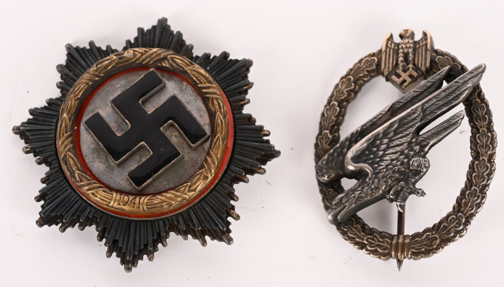 WWII NAZI GERMAN CROSS & HEER PARATROOPER BADGE: Lot of Two WWII Nazi German Repop Badges to include 1) German Cross in Gold named to a Feldwebel Walter Lang 2) German Heer Paratrooper Badge that has had a thick glue residue to the reverse but 