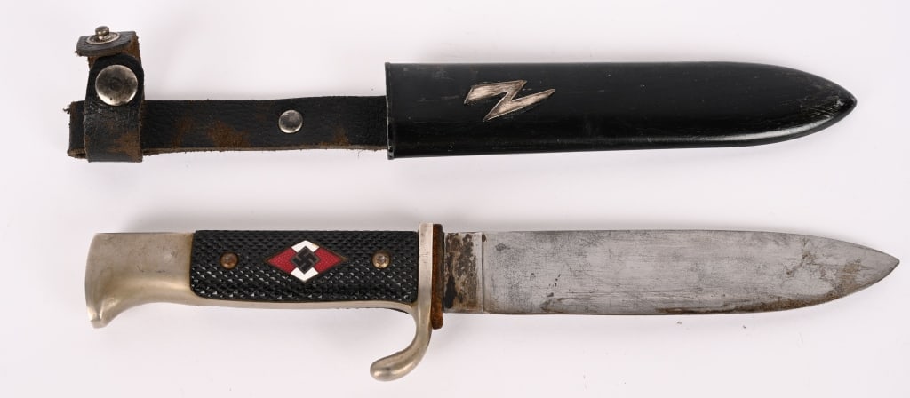 WWII NAZI GERMAN HJ HIKE CAMP KNIFE BY SM1940 WW2: Reproduction HJ camp knife without the blade motto has a roughly 14 cm long drop forged steel construction single edged non-fullered nickel/silver plated blade and a full length including the hilt of 