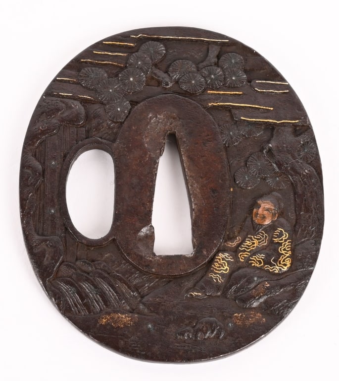 EARLY JAPANESE SWORD IRON TSUBA WITH GOLD ACCENTS (1 of 2)