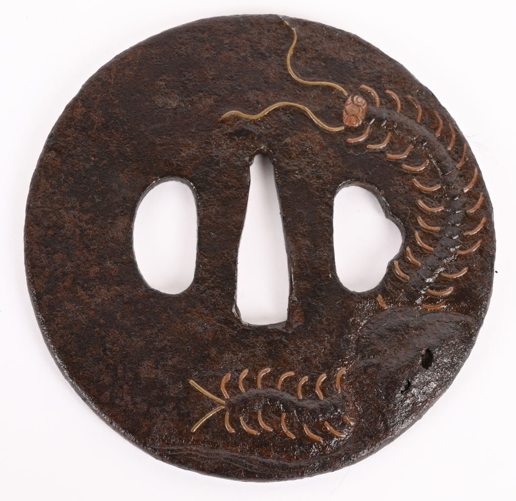 EARLY JAPANESE SWORD IRON TSUBA WITH CENTIPEDES (1 of 2)