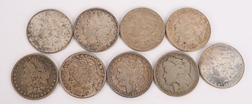 9- US MORGAN SILVER DOLLARS: Includes 1885,1890o, 1897, 1901o, 1902o, 4- 1921. Conditions vary