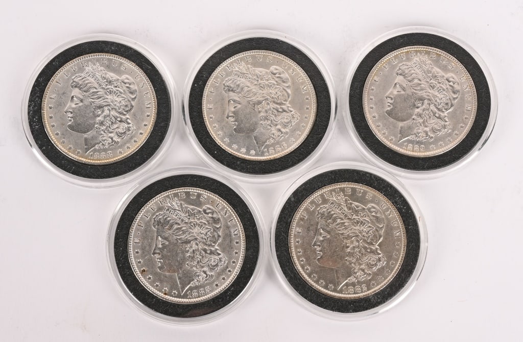 5- HIGH GRADE US MORGAN SILVER DOLLARS: Includes 1882o, 1885, 1886, 1888, and 1889.
