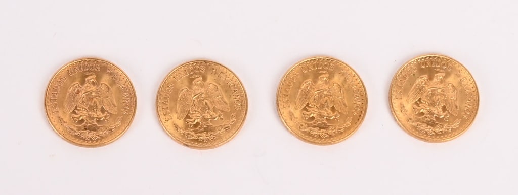4- 1945 MEXICO 2 PESO COINS 90% GOLD: 4- 1945 Mexico 2 Peso Coins. 90% Gold.
