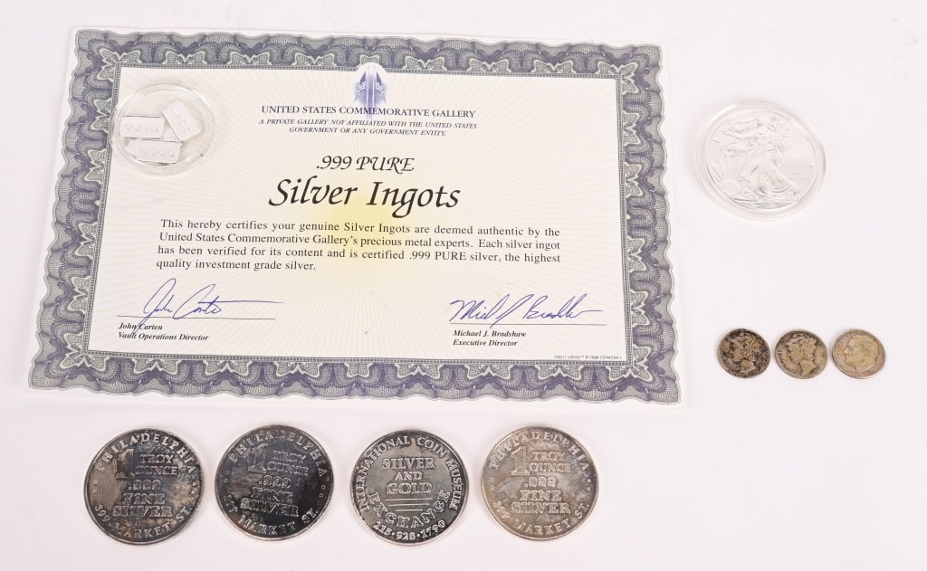 LOT OF SILVER COINS, TONKENS ,& INGOTS: Includes 4- 1oz .999 Silver Ingots, US $1 1oz fine silver Coin, 3- Mercury Dimes, and 5 USCG .999 Silver Ingots total 1/2 ox.