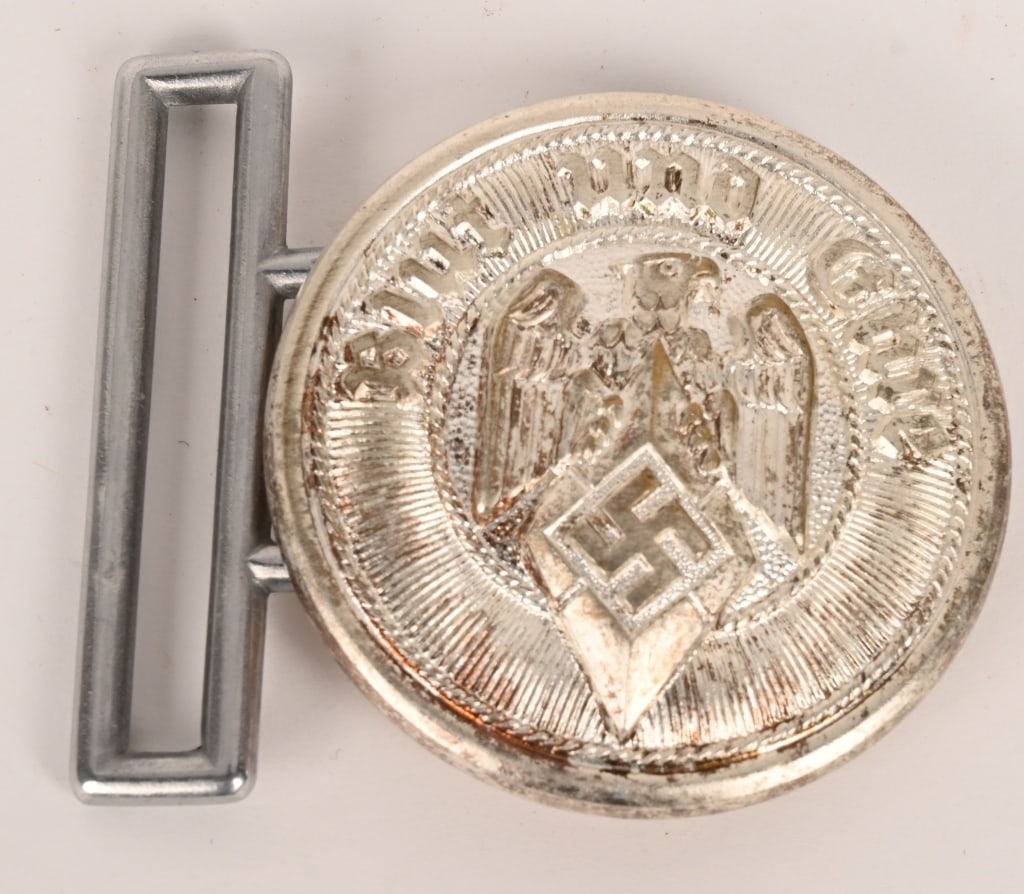WWII NAZI GERMAN HJ LEADERS BELT BUCKLE. WW2: Unissued Original Third Reich Hitler Jugend Leader's Belt Buckle RZM M4/116 by Camil Bergmann & Co. Constructed of silver finished alloy, this Hitler Youth leader's belt buckle features a prominent de