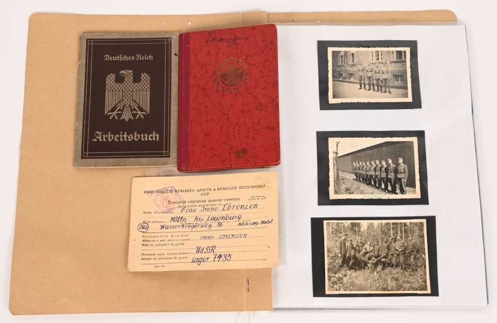 WWII NAZI GERMAN PANZER ID'ED DOCUMENT GROUPING: WWII Nazi German Ephemera lot to include 1) Named to Heinrich Lorenzen Arbeitsbuch to a member of the Wehrmacht who ultimately ended up in the Panzers 2) DAF Handbook named the Lorenzen Family 3) Pris
